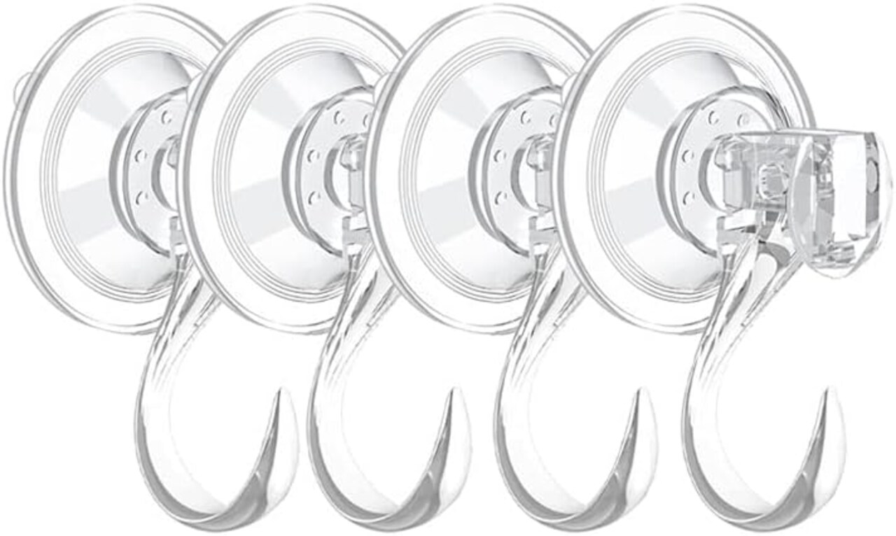 4-Pack Heavy-Duty Suction Cup Hooks – Large Clear Reusable Hooks for Windows, Tiles, Glass, Doors & Mirrors, Hang Bags, Coats, Umbrellas, Kitchenware, and Christmas Wreaths